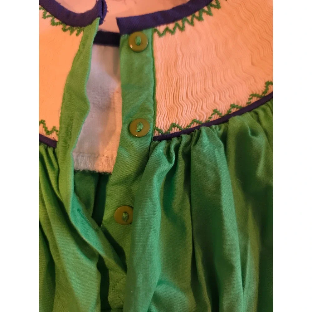 The Bella Bean Green Smocked Bishop Dress Navy Bows Long Sleeve 2T